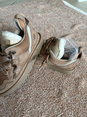 UGG plush Chestnut Suede Shearling-Trim Lace-Up Sneakers